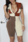 Brown Red Fashion Casual Patchwork Basic Zipper Collar Skinny Romper