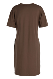 Coffee Fashion Casual Solid Slit V Neck Short Sleeve Two Pieces