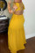 Yellow Fashion Sexy Plus Size Solid Patchwork Backless Strap Design V Neck Sleeveless Dress