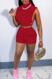 Red Fashion Casual Solid Hollowed Out Turtleneck Sleeveless Two Pieces