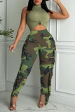 Camouflage Fashion Casual Print Leopard Camouflage Print Tassel Patchwork High Waist Pencil Full Print Bottoms