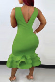 Green Fashion Sexy Solid Patchwork V Neck Evening Dress