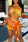 Tangerine Sexy Print Split Joint See-through O Neck Long Sleeve Two Pieces