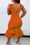 Orange Fashion Sexy Solid Patchwork V Neck Evening Dress