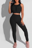Black Casual Sportswear Solid Patchwork O Neck Sleeveless Two Pieces