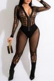Black Fashion Sexy Patchwork See-through Zipper Collar Skinny Jumpsuits