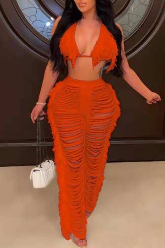 Tangerine Red Sexy Solid Tassel Hollowed Out Patchwork Halter Sleeveless Two Pieces