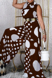 Black Casual Print Polka Dot Patchwork O Neck Straight Jumpsuits