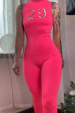 Rose Red Casual Sportswear Solid Embroidered Patchwork Turtleneck Skinny Jumpsuits