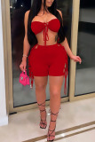 Red Sexy Solid Patchwork Frenulum Strapless Sleeveless Two Pieces