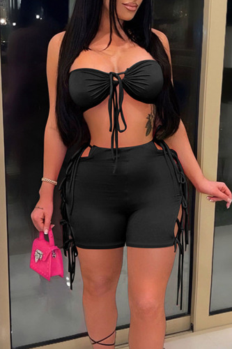 Black Sexy Solid Patchwork Frenulum Strapless Sleeveless Two Pieces