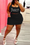 Black Sexy Casual Letter Hot Drilling Basic U Neck Plus Size Two Pieces