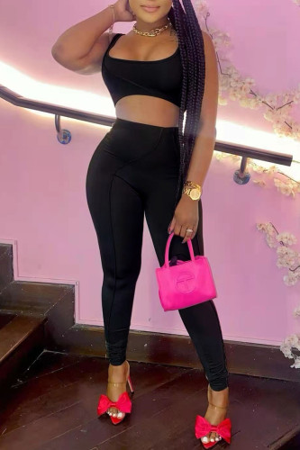 Black Sexy Casual Solid Vests Pants U Neck Sleeveless Two Pieces