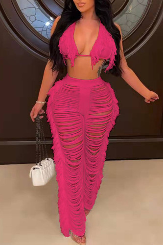 Rose Red Sexy Solid Tassel Hollowed Out Patchwork Halter Sleeveless Two Pieces