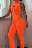 Orange Casual Sportswear Solid Embroidered Patchwork Turtleneck Skinny Jumpsuits