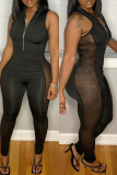 Black Sexy Casual Solid Patchwork See-through Zipper Collar Skinny Jumpsuits