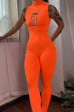 Orange Casual Sportswear Solid Embroidered Patchwork Turtleneck Skinny Jumpsuits