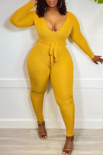 Yellow Fashion Casual Solid Basic V Neck Skinny Jumpsuits