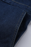 Dark Blue Fashion Casual Solid Hollowed Out Patchwork Chains Turndown Collar Plus Size Jumpsuits