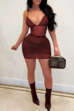 Dark Red Fashion Sexy Solid Patchwork See-through Backless Spaghetti Strap Sleeveless Dress