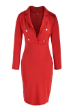 Red Fashion Casual Solid Patchwork Turndown Collar Long Sleeve Dresses