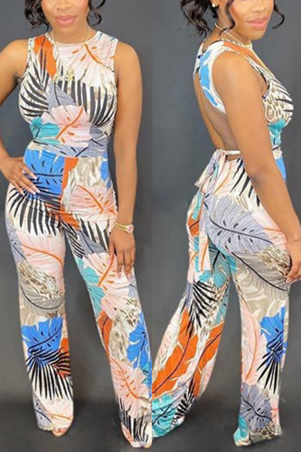 Blue Fashion Sexy Printed Sleeveless Jumpsuit
