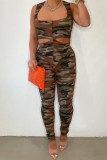 Green Fashion Casual Camouflage Print Hollowed Out Asymmetrical U Neck Sleeveless Two Pieces