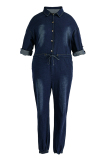 Dark Blue Fashion Casual Solid Hollowed Out Patchwork Chains Turndown Collar Plus Size Jumpsuits