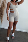Grey Sexy Casual Solid Hollowed Out U Neck Skinny Romper