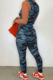 Blue Fashion Casual Camouflage Print Hollowed Out Asymmetrical U Neck Sleeveless Two Pieces