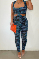 Blue Fashion Casual Camouflage Print Hollowed Out Asymmetrical U Neck Sleeveless Two Pieces