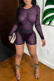 Purple Fashion Sexy Solid See-through O Neck Long Sleeve Two Pieces