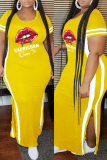 Yellow Fashion Casual Plus Size Lips Printed Patchwork Slit O Neck Short Sleeve Dress