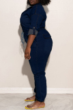 Dark Blue Fashion Casual Solid Hollowed Out Patchwork Chains Turndown Collar Plus Size Jumpsuits