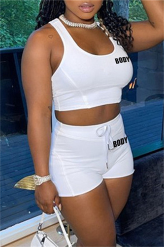 White Fashion Casual Letter Print Basic U Neck Sleeveless Two Pieces