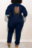 Dark Blue Fashion Casual Solid Hollowed Out Patchwork Chains Turndown Collar Plus Size Jumpsuits