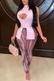Pink Fashion Sexy Print Hollowed Out Half A Turtleneck Sleeveless Two Pieces