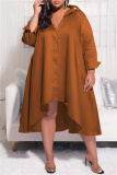 Blue Fashion Casual Plus Size Solid Asymmetrical Turndown Collar Shirt Dress (Without Belt)
