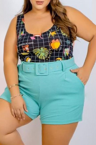 Sky Blue Casual Vacation Print Patchwork U Neck Plus Size Two Pieces