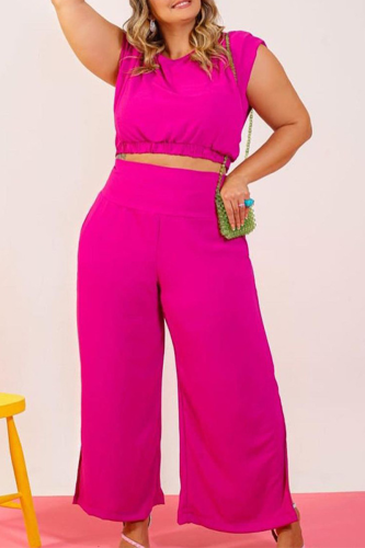 Rose Red Casual Solid Patchwork O Neck Plus Size Two Pieces