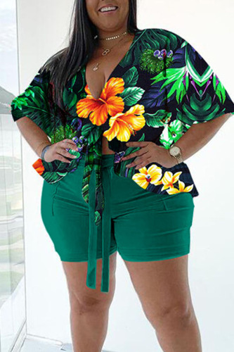 Green Casual Print Bandage Patchwork V Neck Plus Size Two Pieces