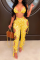 Yellow Sexy Print Draw String Halter Sleeveless Two Pieces