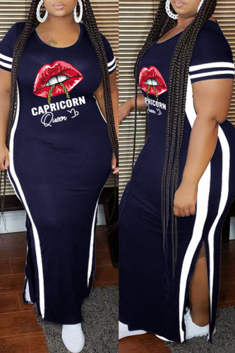 Tibetan Blue Fashion Casual Plus Size Lips Printed Patchwork Slit O Neck Short Sleeve Dress