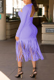 Purple Fashion Casual Solid Tassel Hollowed Out Backless V Neck Long Sleeve Dresses