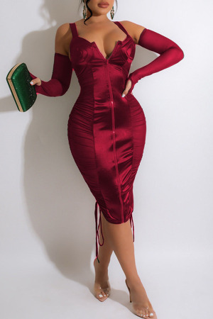 Burgundy Sexy Solid Patchwork See-through Zipper Spaghetti Strap One Step Skirt Dresses