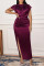 Burgundy Fashion Sexy Solid Slit Fold Half A Turtleneck Evening Dress