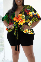 Black Casual Print Bandage Patchwork V Neck Plus Size Two Pieces