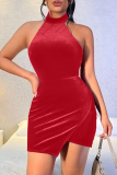Red Fashion Sexy Solid Patchwork Backless Halter Sleeveless Dress