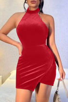 Red Fashion Sexy Solid Split Joint Backless Halter Sleeveless Dress