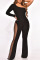 Black Sexy Solid Patchwork See-through Hot Drill Oblique Collar Boot Cut Jumpsuits